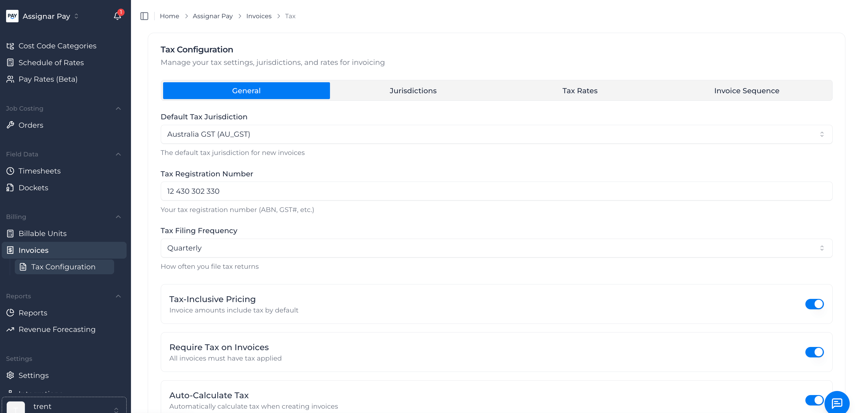 Tax and Invoice Settings Screenshot