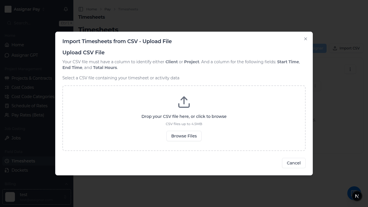 CSV Import Modal